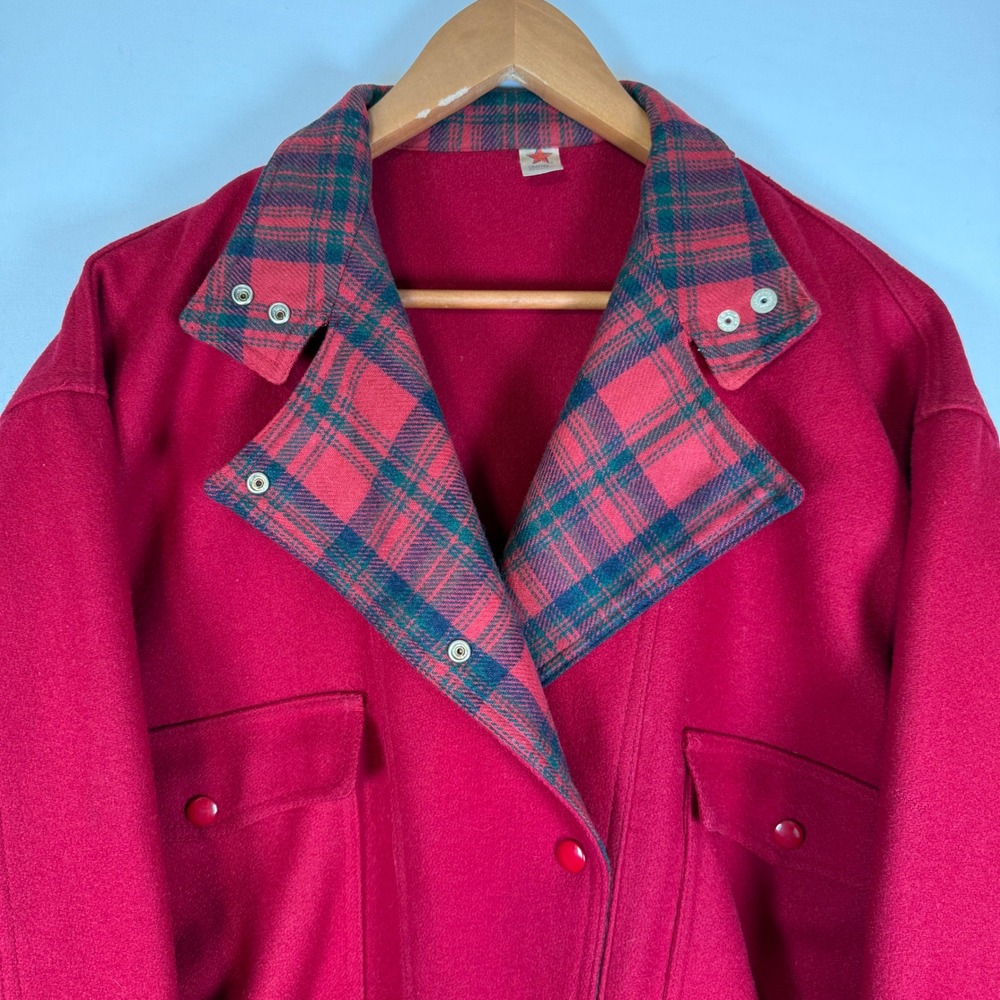 Vintage Women's Red Wool Blend Plaid Collar Button Front Bomber Jacket Size 9-10